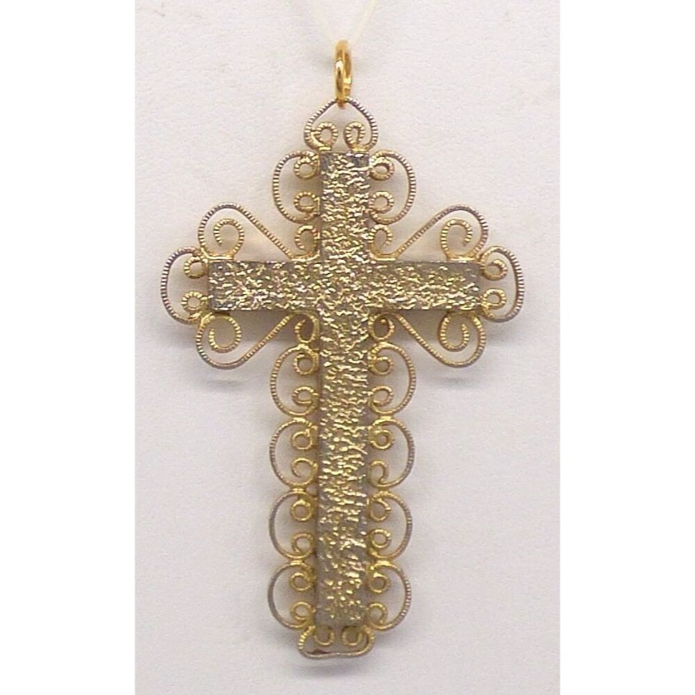 Ornate Cross Pendant Gold Tone Filigree Scroll Religious Charm Textured Design